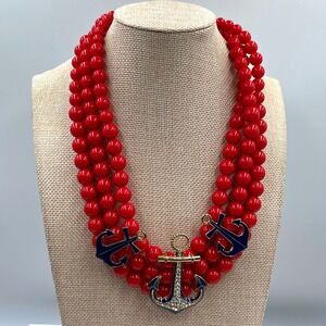 Vintage Charter Club Red Bead Anchor Necklace Nautical Triple Strand Rhinestone